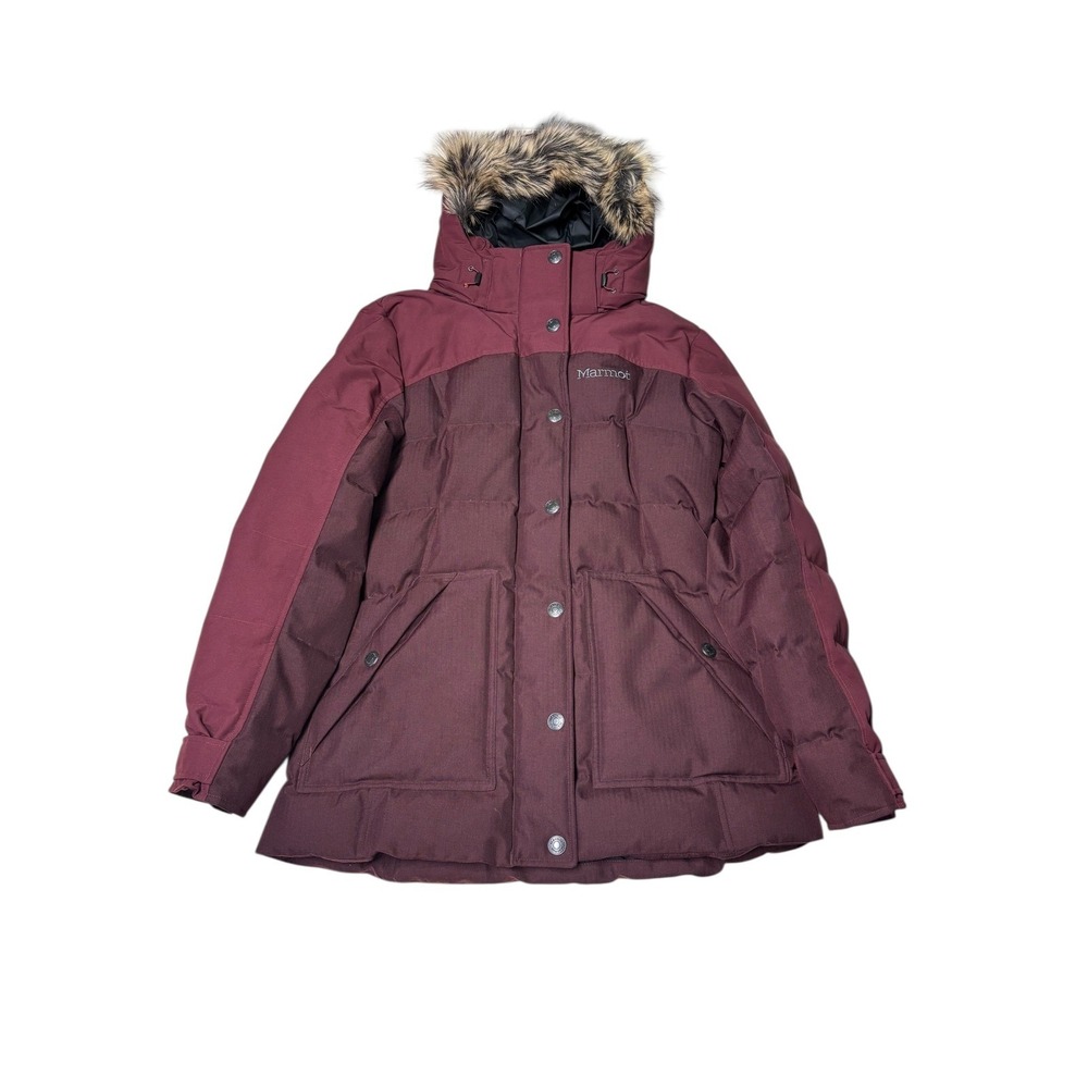 Marmot 700 Fill Down Hooded Parka Jacket Burgundy Faux‎ Fur Size S P CH